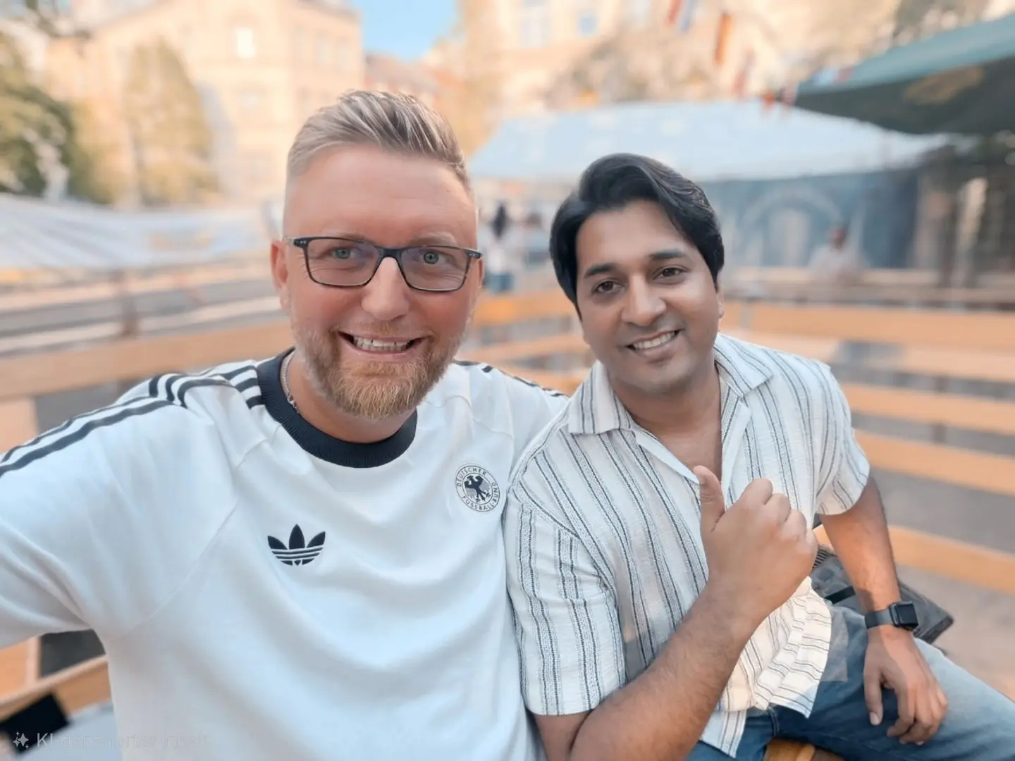 Sascha Frenz sitzt mit einem Freund auf einer Außenterrasse.